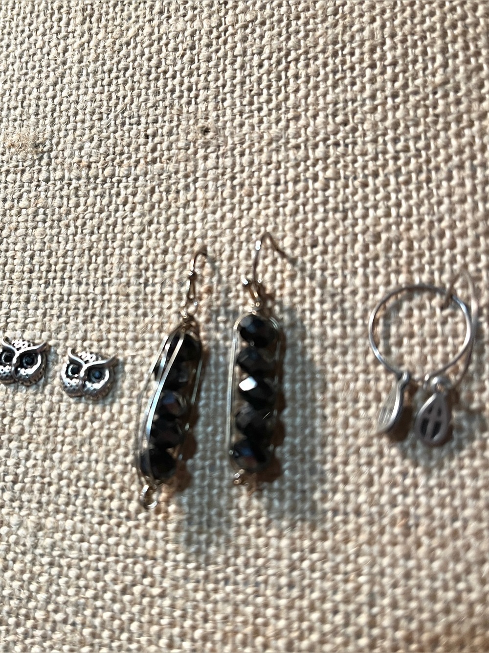 3 Pairs Sterling Silver Pierced Earrings 1 Pr Dangles, 1 Pr Hoops, 1 Pr Studs